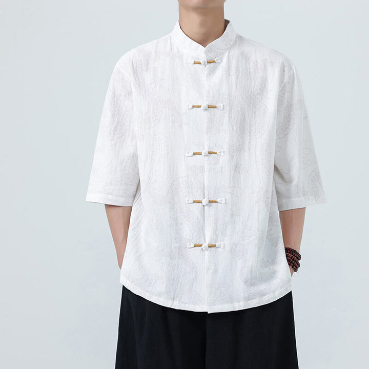 Buddha Stones 夏 龍 吉兆 雲 柄 唐装 メンズ フロッグボタン 半袖 コットンシャツ - 白 - US/UK/AU46、 EU56 (5XL) - image 16