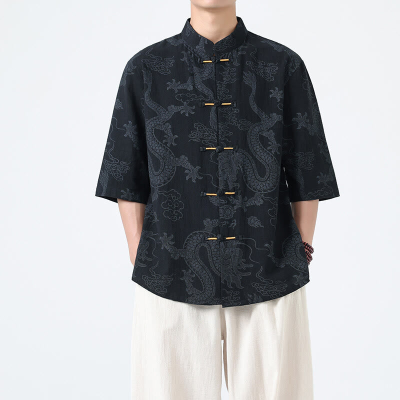 Buddha Stones 夏 龍 吉兆 雲 柄 唐装 メンズ フロッグボタン 半袖 コットンシャツ - image 1