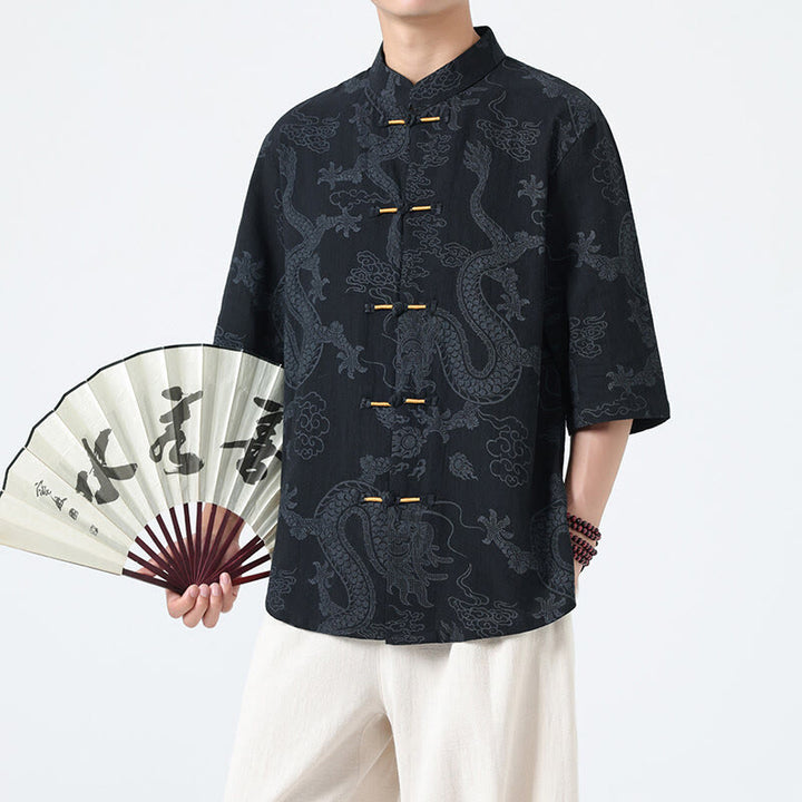 Buddha Stones 夏 龍 吉兆 雲 柄 唐装 メンズ フロッグボタン 半袖 コットンシャツ - 黒 - US/UK/AU46、 EU56 (5XL) - image 0