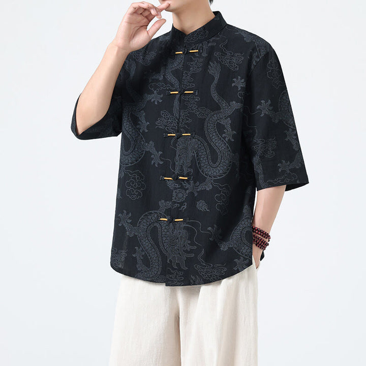 Buddha Stones 夏 龍 吉兆 雲 柄 唐装 メンズ フロッグボタン 半袖 コットンシャツ - image 2