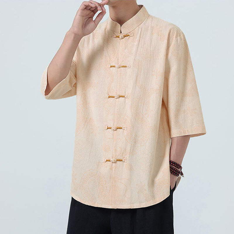 Buddha Stones 夏 龍 吉兆 雲 柄 唐装 メンズ フロッグボタン 半袖 コットンシャツ - image 10