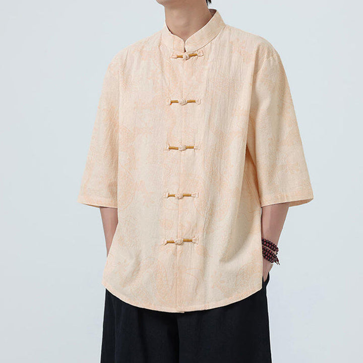 Buddha Stones 夏 龍 吉兆 雲 柄 唐装 メンズ フロッグボタン 半袖 コットンシャツ - image 9