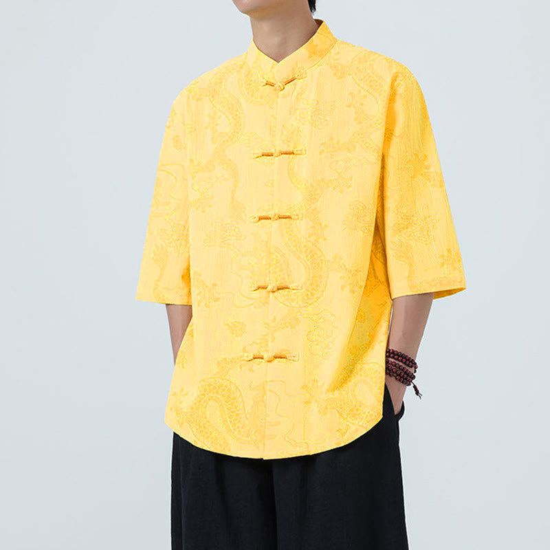 Buddha Stones 夏 龍 吉兆 雲 柄 唐装 メンズ フロッグボタン 半袖 コットンシャツ - image 12