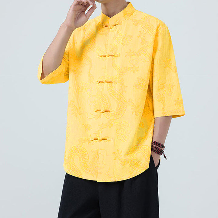 Buddha Stones 夏 龍 吉兆 雲 柄 唐装 メンズ フロッグボタン 半袖 コットンシャツ - image 15