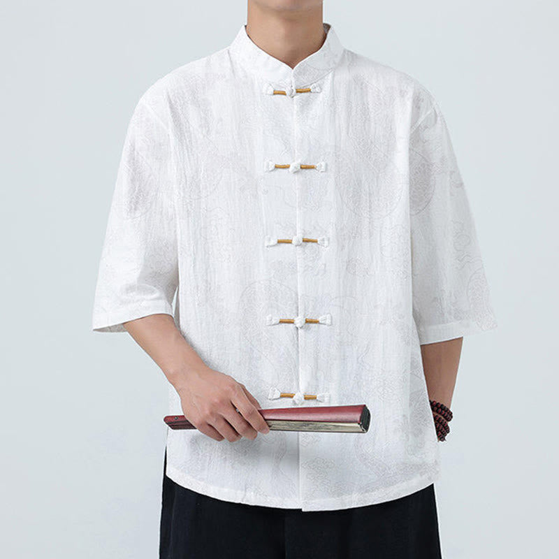 Buddha Stones 夏 龍 吉兆 雲 柄 唐装 メンズ フロッグボタン 半袖 コットンシャツ - image 19