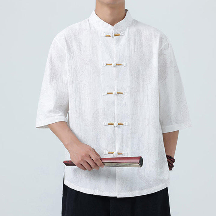 Buddha Stones 夏 龍 吉兆 雲 柄 唐装 メンズ フロッグボタン 半袖 コットンシャツ - image 19