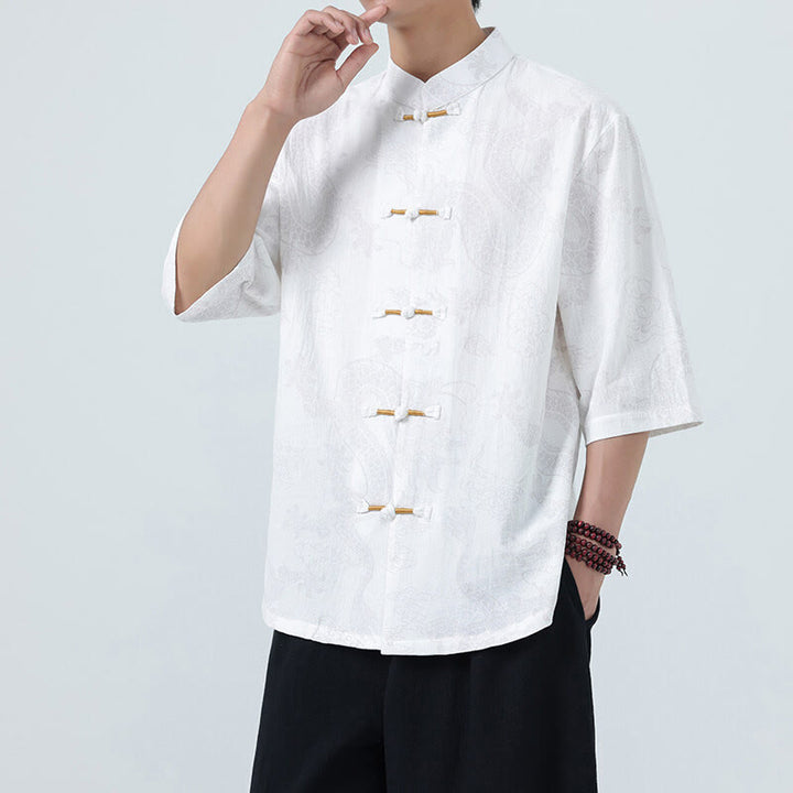 Buddha Stones 夏 龍 吉兆 雲 柄 唐装 メンズ フロッグボタン 半袖 コットンシャツ - image 18