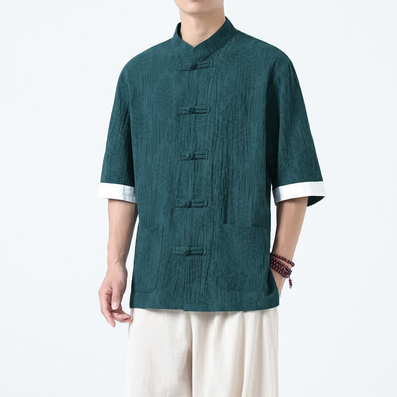 Buddha Stones 夏の花と草の模様の唐装メンズフロッグボタン半袖コットンシャツ（ポケット付き） - ティール - US/UK/AU46、 EU56 (5XL) - image 15