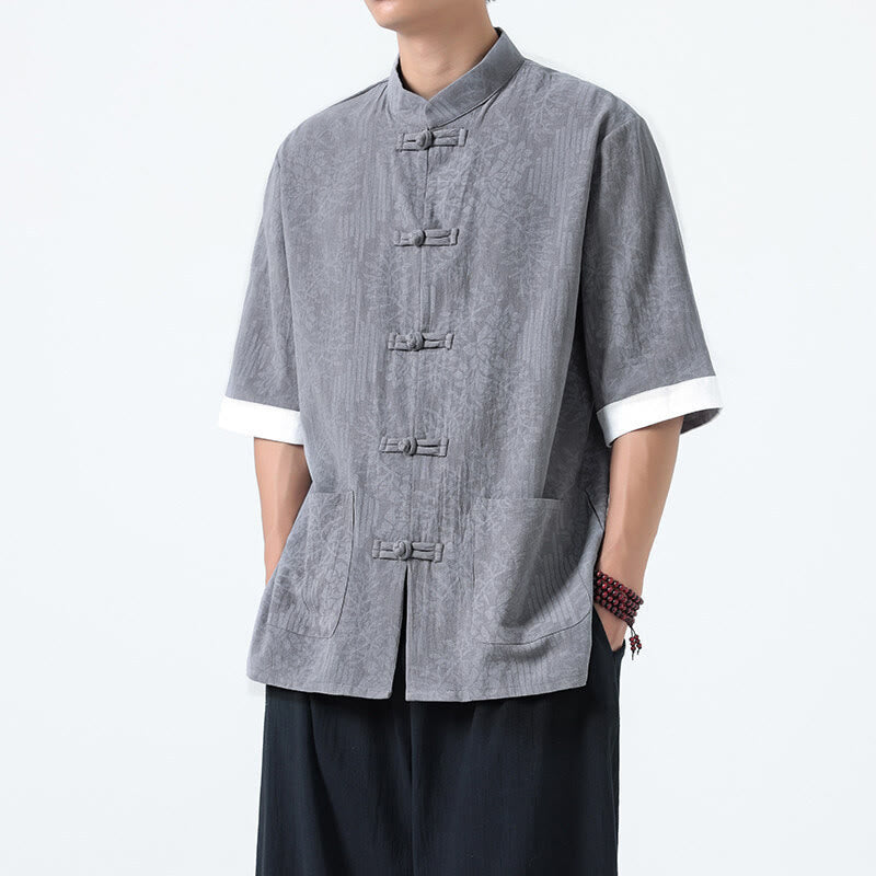 Buddha Stones 夏の花と草の模様の唐装メンズフロッグボタン半袖コットンシャツ（ポケット付き） - グレー - US/UK/AU46、 EU56 (5XL) - image 4