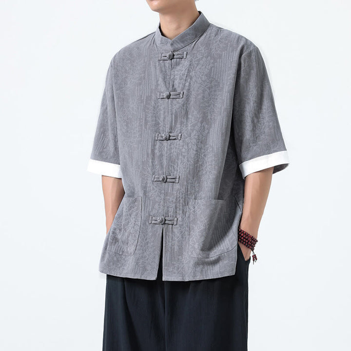 Buddha Stones 夏の花と草の模様の唐装メンズフロッグボタン半袖コットンシャツ（ポケット付き） - グレー - US/UK/AU46、 EU56 (5XL) - image 4