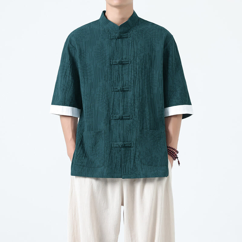 Buddha Stones 夏の花と草の模様の唐装メンズフロッグボタン半袖コットンシャツ（ポケット付き） - image 17