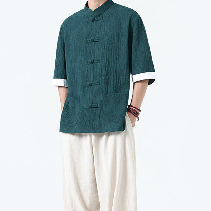 Buddha Stones 夏の花と草の模様の唐装メンズフロッグボタン半袖コットンシャツ（ポケット付き） - image 20