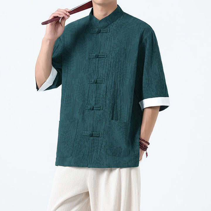 Buddha Stones 夏の花と草の模様の唐装メンズフロッグボタン半袖コットンシャツ（ポケット付き） - image 19