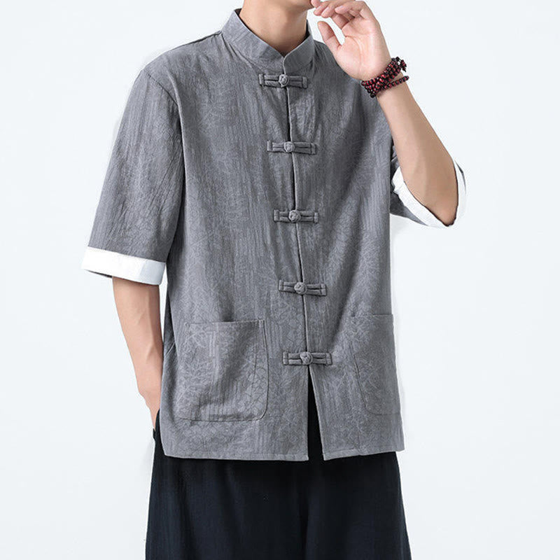 Buddha Stones 夏の花と草の模様の唐装メンズフロッグボタン半袖コットンシャツ（ポケット付き） - image 5