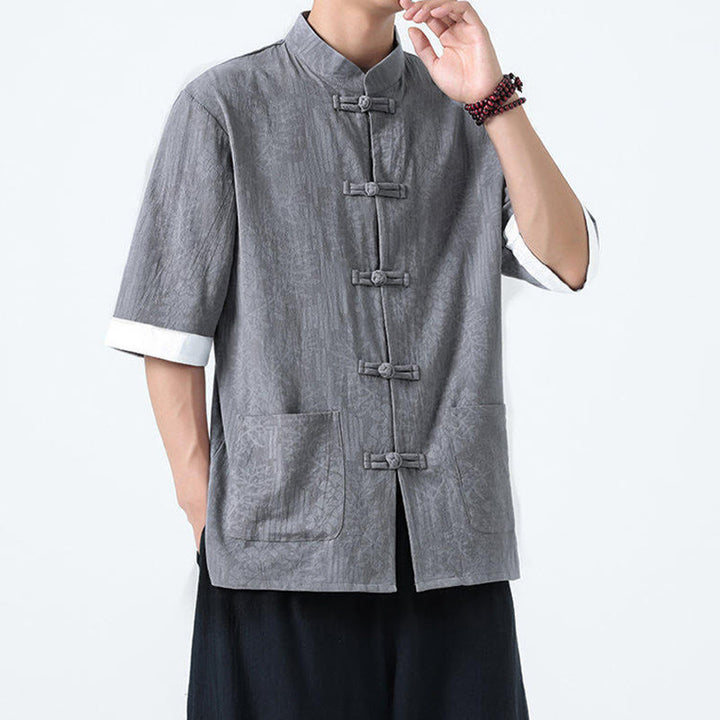 Buddha Stones 夏の花と草の模様の唐装メンズフロッグボタン半袖コットンシャツ（ポケット付き） - image 5