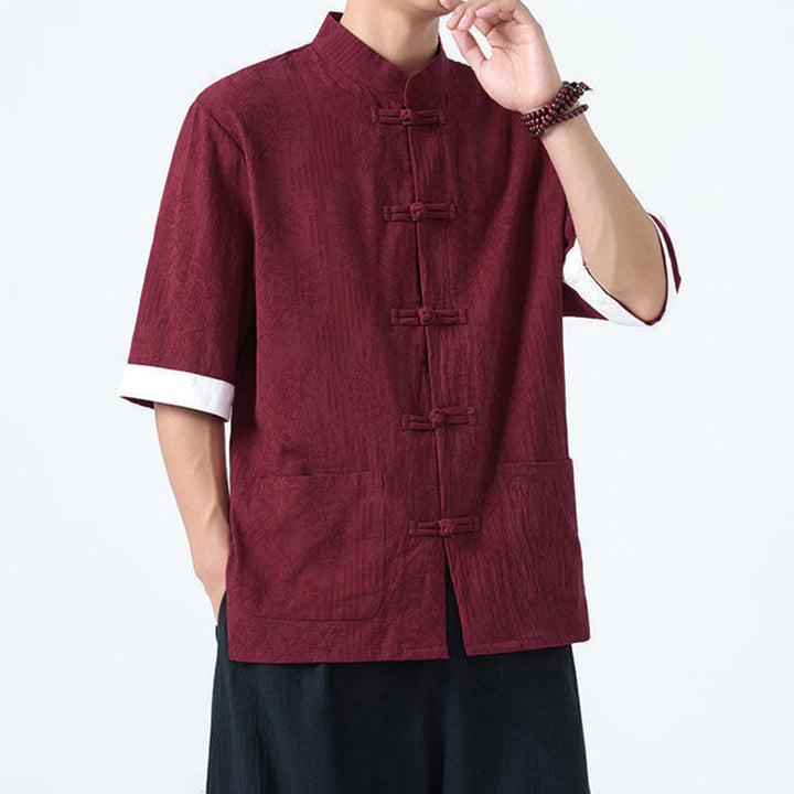 Buddha Stones 夏の花と草の模様の唐装メンズフロッグボタン半袖コットンシャツ（ポケット付き） - image 12