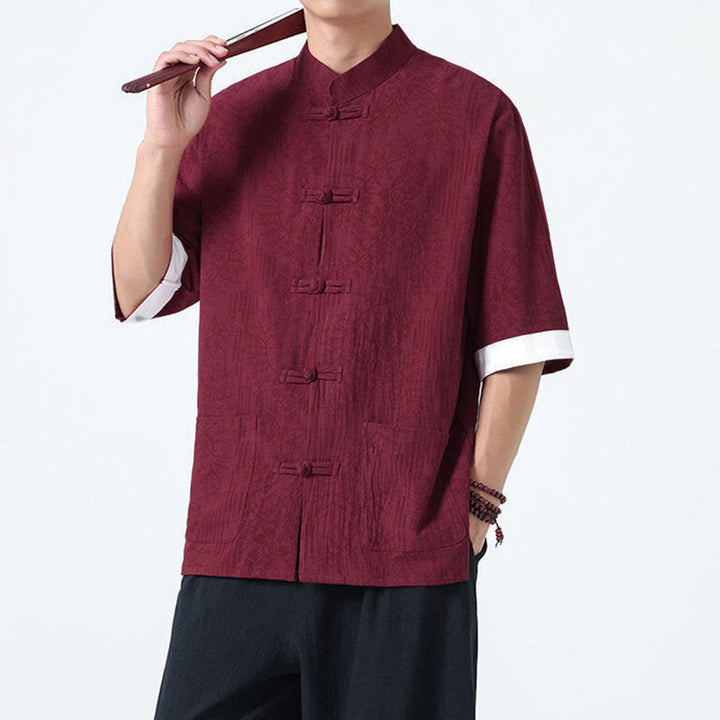 Buddha Stones 夏の花と草の模様の唐装メンズフロッグボタン半袖コットンシャツ（ポケット付き） - image 14