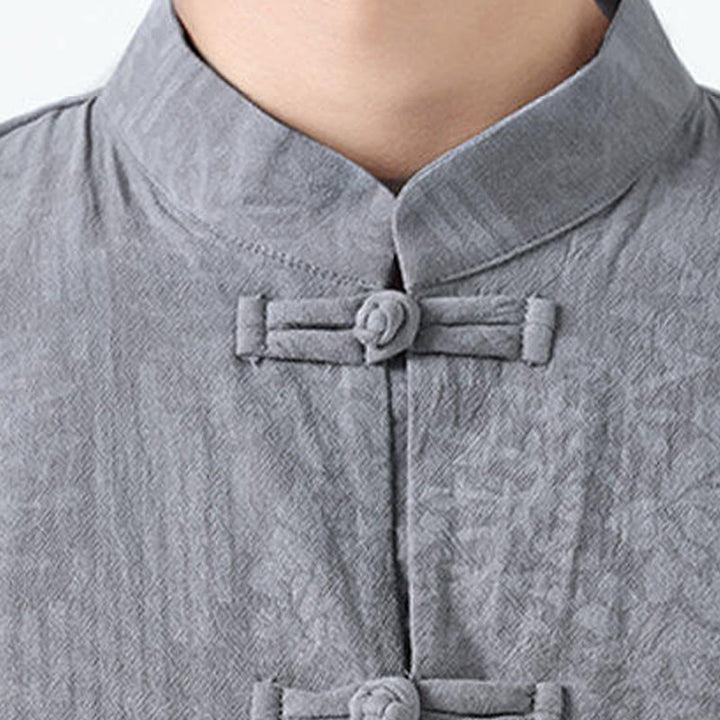 Buddha Stones 夏の花と草の模様の唐装メンズフロッグボタン半袖コットンシャツ（ポケット付き） - image 7