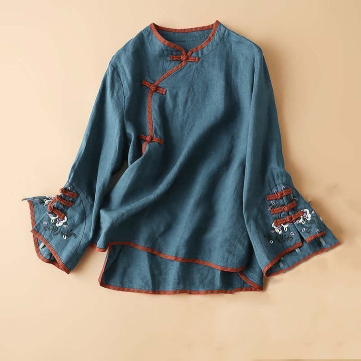 Buddha Stonesレトロフラワー刺繍デザイン長袖レディースシャツ - スチールブルー - US12、 UK/AU16、EU44（4XL） - image 10