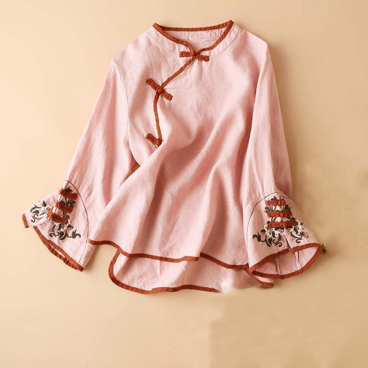Buddha Stonesレトロフラワー刺繍デザイン長袖レディースシャツ - ピンク - US12、 UK/AU16、EU44（4XL） - image 13