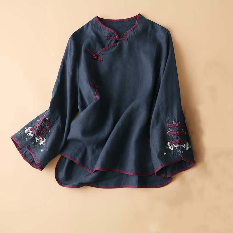 Buddha Stonesレトロフラワー刺繍デザイン長袖レディースシャツ - ダークスレートブルー - US12、 UK/AU16、EU44（4XL） - image 21