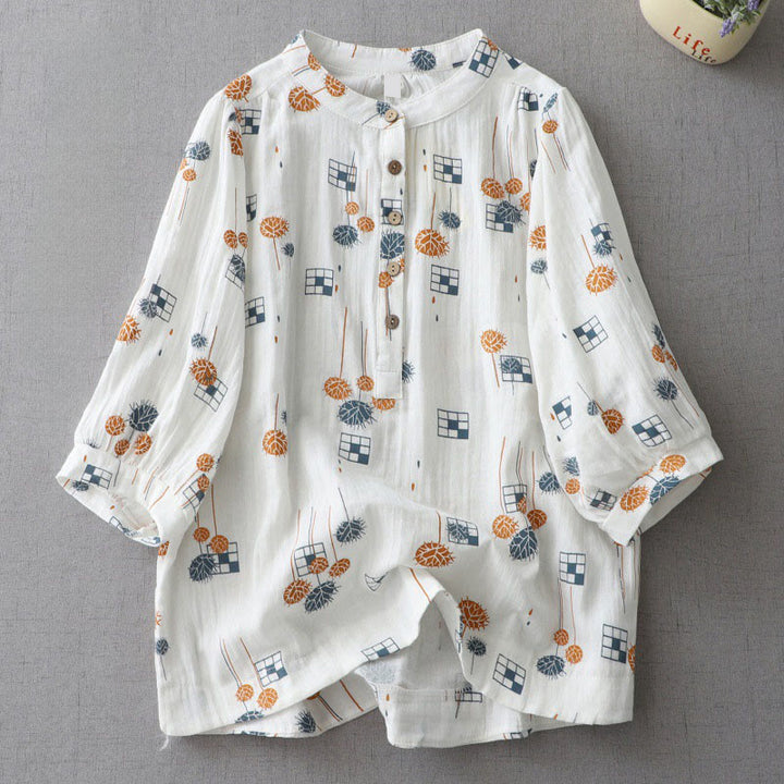 Buddha Stones プリントハーフボタンデザイン七分袖レディースコットンシャツ - 白 - US6、 UK/AU10、 EU38 (XL) - image 0