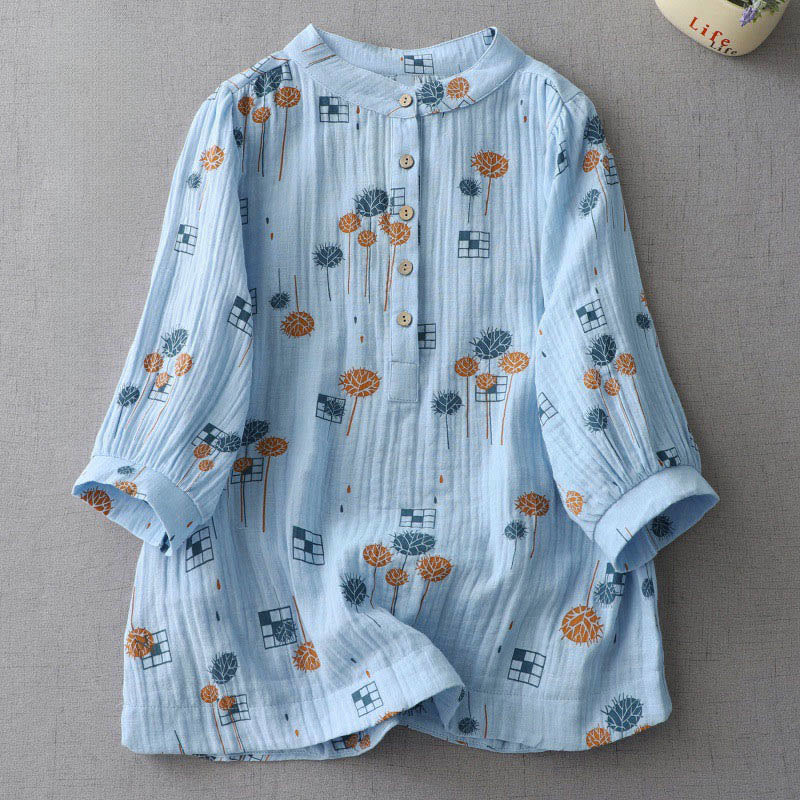 Buddha Stones プリントハーフボタンデザイン七分袖レディースコットンシャツ - ライトスカイブルー - US6、 UK/AU10、 EU38 (XL) - image 11