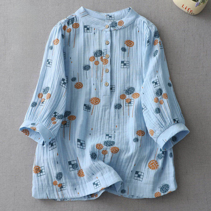 Buddha Stones プリントハーフボタンデザイン七分袖レディースコットンシャツ - ライトスカイブルー - US6、 UK/AU10、 EU38 (XL) - image 11