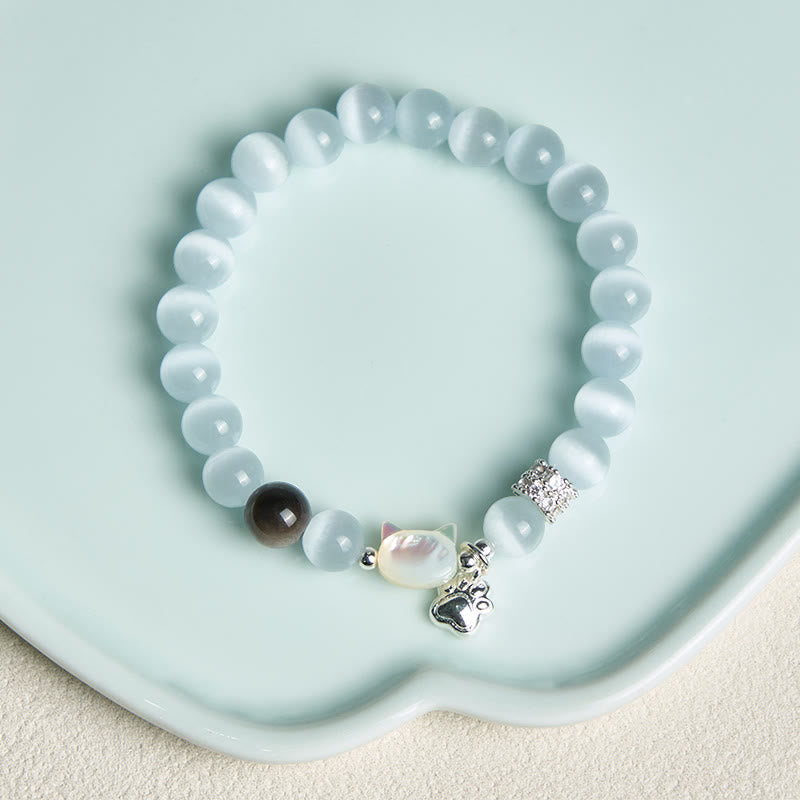 Buddha Stones キャットヘッド ホワイトキャッツアイ シルバーシーンオブシディアン幸運を呼ぶブレスレット - image 3