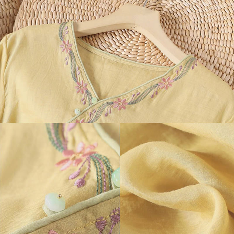 Buddha Stones春のレトロ刺繍ボタンデザイン七分袖レディースコットンシャツ - image 5