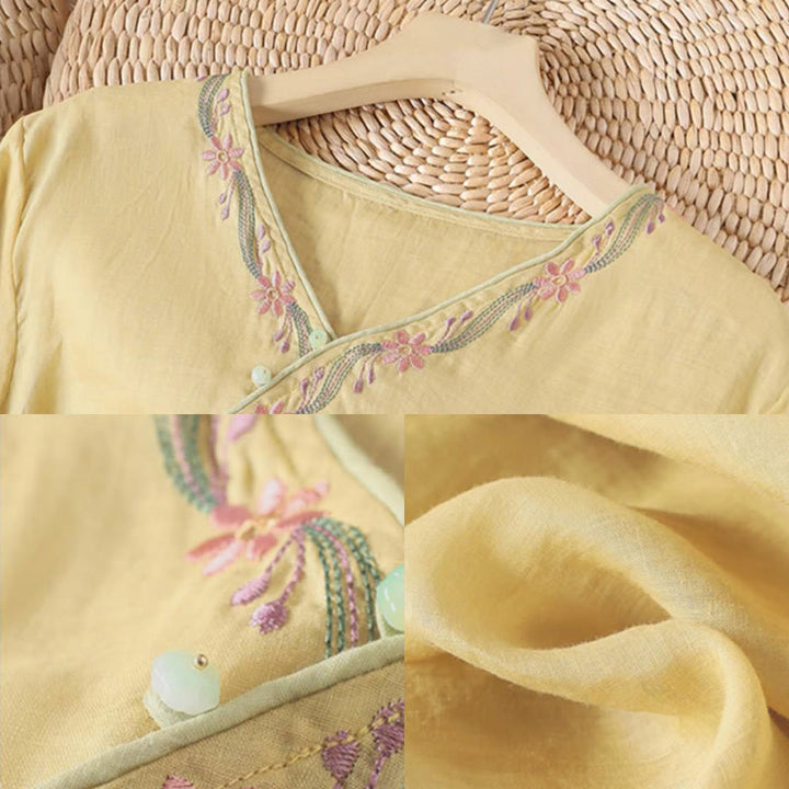 Buddha Stones春のレトロ刺繍ボタンデザイン七分袖レディースコットンシャツ - image 5