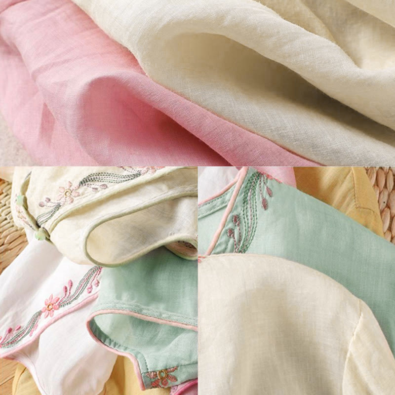 Buddha Stones春のレトロ刺繍ボタンデザイン七分袖レディースコットンシャツ - image 6