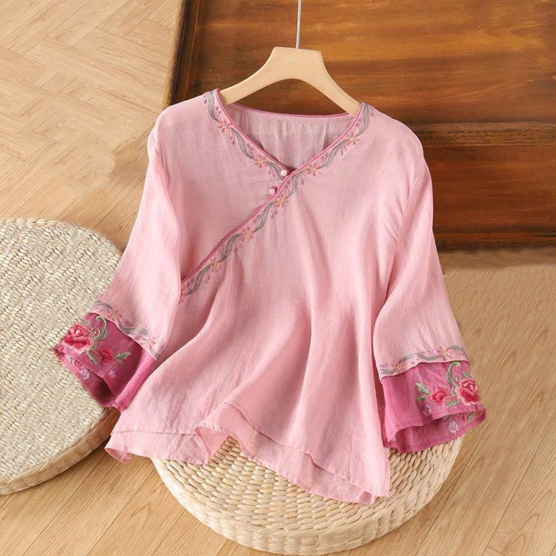 Buddha Stones春のレトロ刺繍ボタンデザイン七分袖レディースコットンシャツ - ライトピンク - US12、 UK/AU16、EU44（4XL） - image 1
