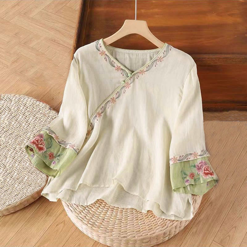 Buddha Stones春のレトロ刺繍ボタンデザイン七分袖レディースコットンシャツ - ブランチドアーモンド - US12、 UK/AU16、EU44（4XL） - image 0