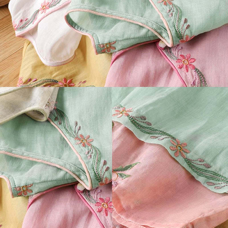 Buddha Stones春のレトロ刺繍ボタンデザイン七分袖レディースコットンシャツ - image 7