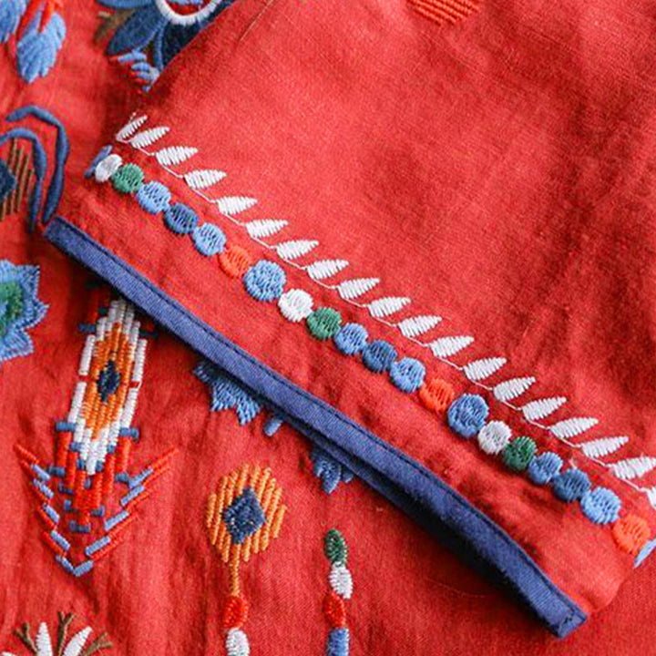 Buddha Stonesレトロ アーティスティック 刺繍 花柄 クルーネック レディース コットン リネン 半袖 Tシャツ - image 10