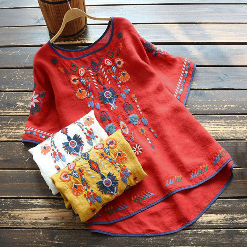 Buddha Stonesレトロ アーティスティック 刺繍 花柄 クルーネック レディース コットン リネン 半袖 Tシャツ - image 12