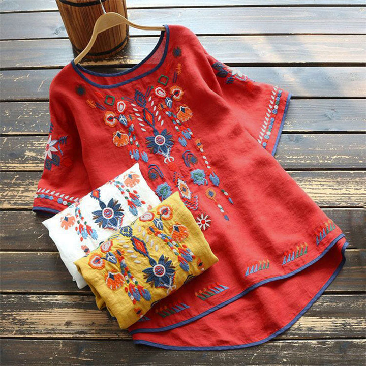 Buddha Stonesレトロ アーティスティック 刺繍 花柄 クルーネック レディース コットン リネン 半袖 Tシャツ - image 12