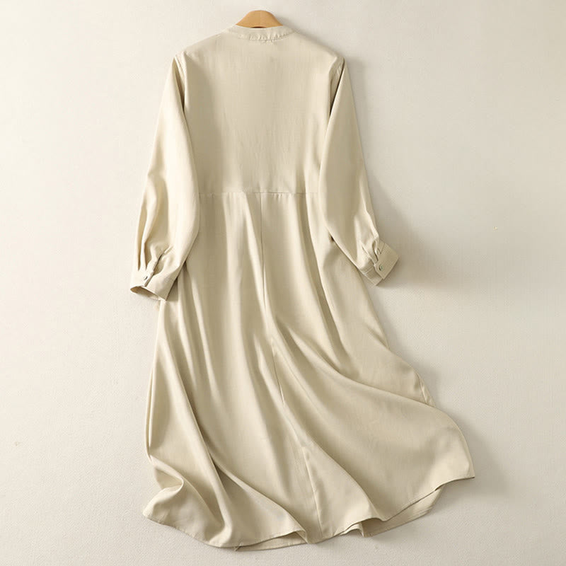 Buddha Stones プレーンレースアップロングスリーブハーフボタンデザインハイネックレディースコットンミディドレスポケット付き - image 1