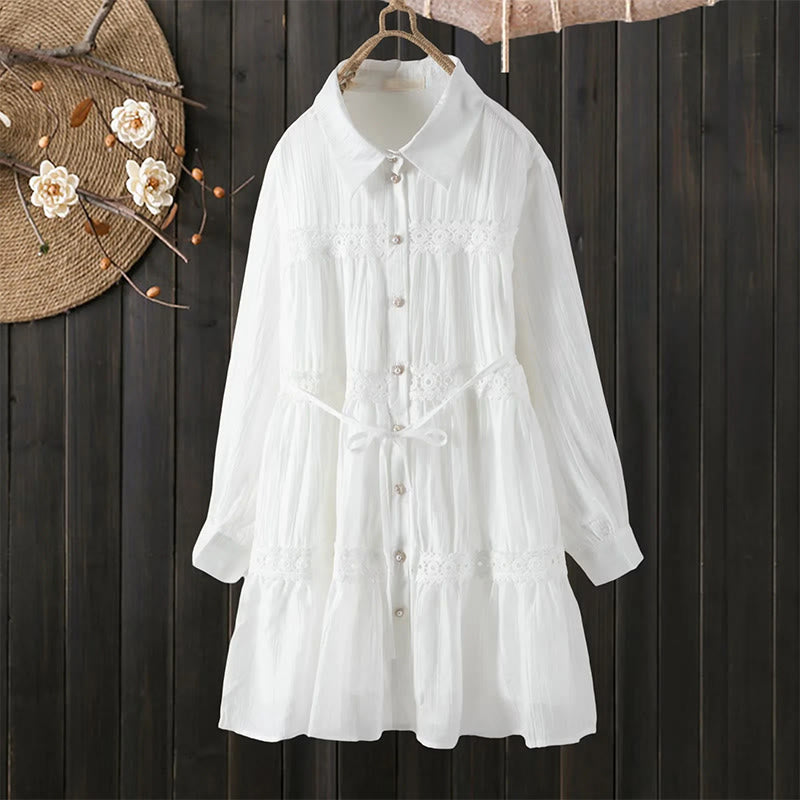 Buddha Stones 通勤用レースパッチワークレースアップロングスリーブボタンラペルレディースコットンミディドレス - image 0