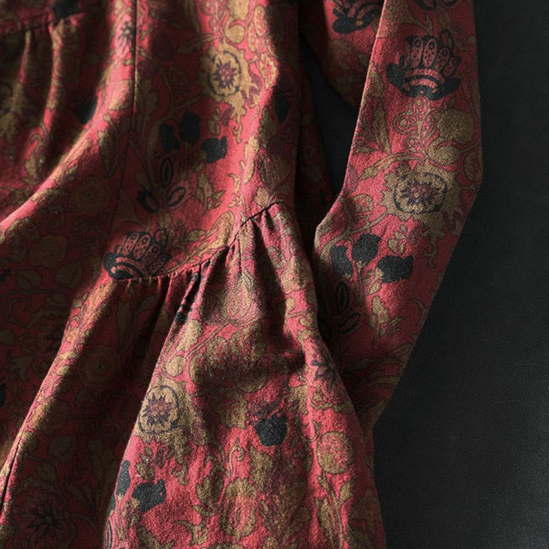 Buddha Stones レトロな花柄Aラインデザイン長袖レディースコットンマキシドレス - image 7