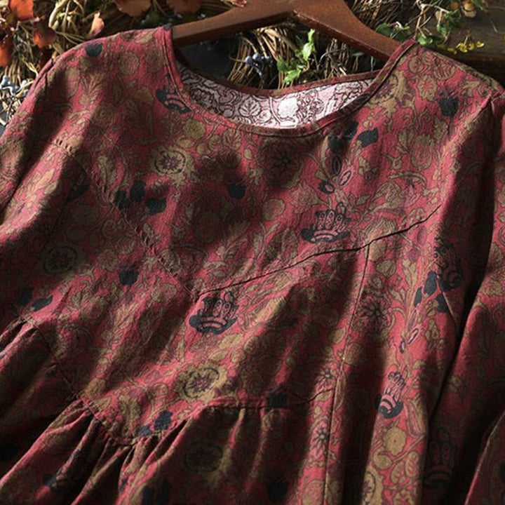 Buddha Stones レトロな花柄Aラインデザイン長袖レディースコットンマキシドレス - image 6