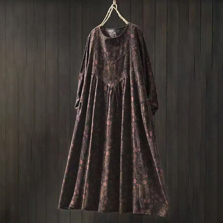 Buddha Stones レトロな花柄Aラインデザイン長袖レディースコットンマキシドレス - サドルブラウン - US4-8/10、 UK/AU8-12/14、 EU36-40/42 (F) - image 13