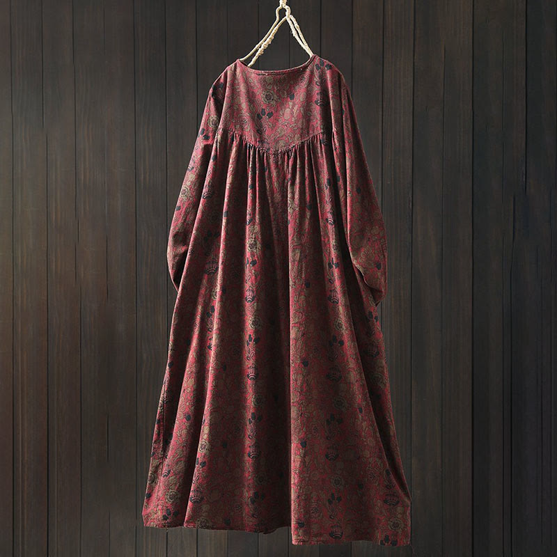 Buddha Stones レトロな花柄Aラインデザイン長袖レディースコットンマキシドレス - image 3