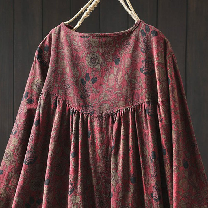 Buddha Stones レトロな花柄Aラインデザイン長袖レディースコットンマキシドレス - image 5