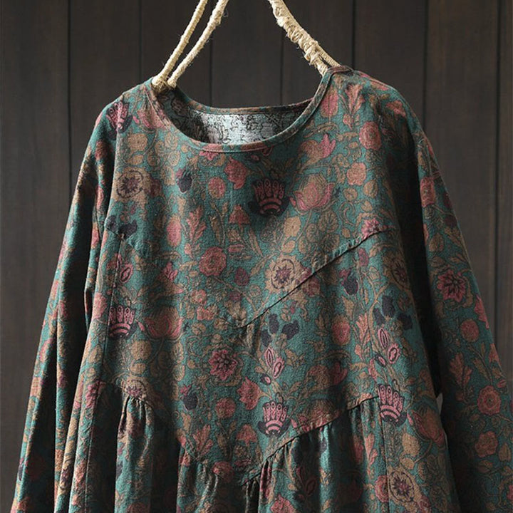 Buddha Stones レトロな花柄Aラインデザイン長袖レディースコットンマキシドレス - image 1