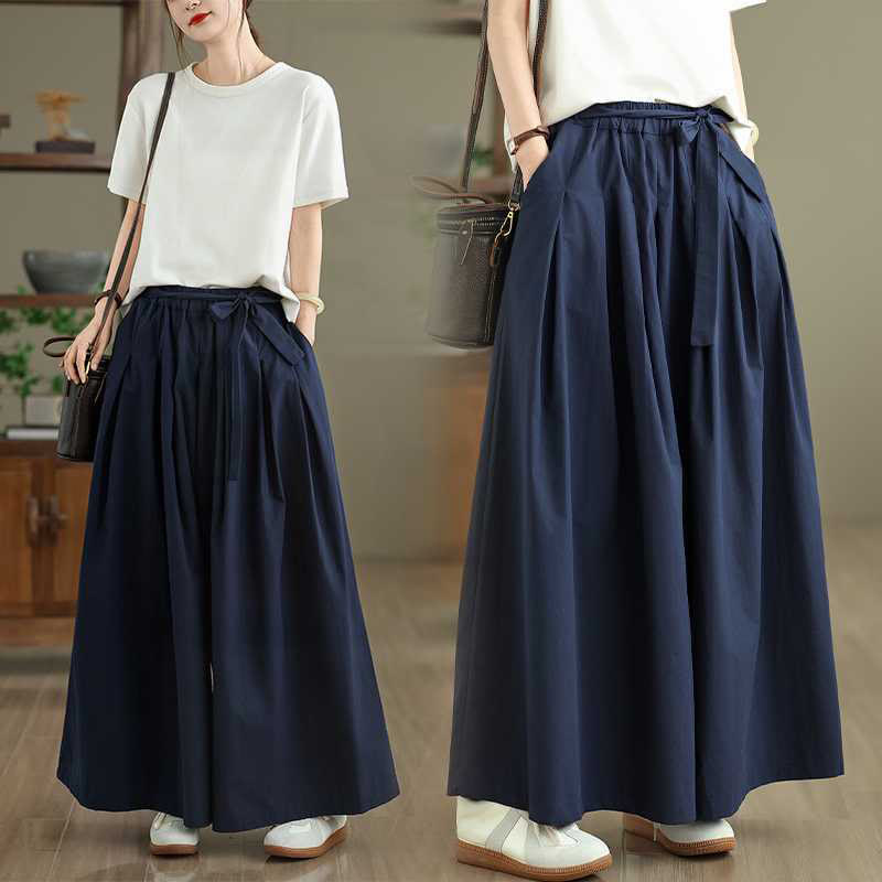 Buddha Stones ダークブルー 無地 レースアップデザイン レディース ワイドレッグ 伸縮性ウエスト ポケット付きパンツ - ダークブルー - US6、 UK/AU10、 EU38 (XL) - image 0