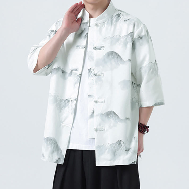 Buddha Stones 墨絵風景模様メンズフロッグボタン半袖シャツ - image 15