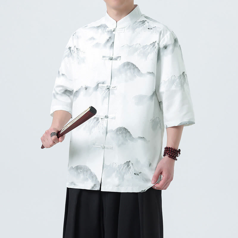 Buddha Stones 墨絵風景模様メンズフロッグボタン半袖シャツ - 山岳パターン - US/UK/AU46、 EU56 (5XL) - image 10