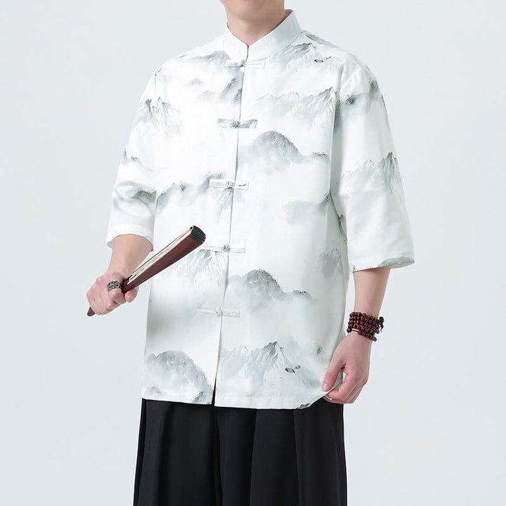 Buddha Stones 墨絵風景模様メンズフロッグボタン半袖シャツ - 山岳パターン - US/UK/AU46、 EU56 (5XL) - image 10
